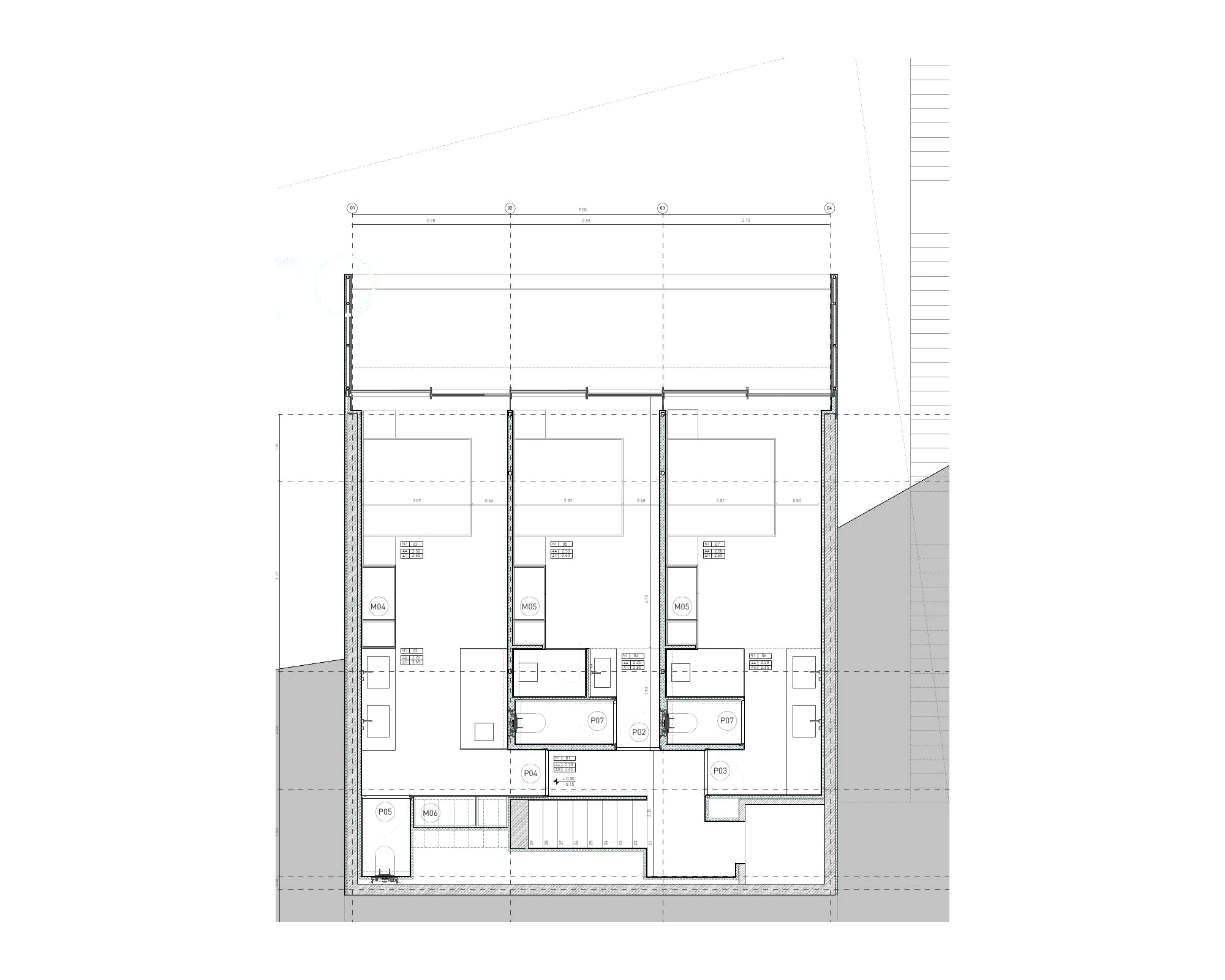 Plano de la planta residencial inferior con tres suites de Formentera 48