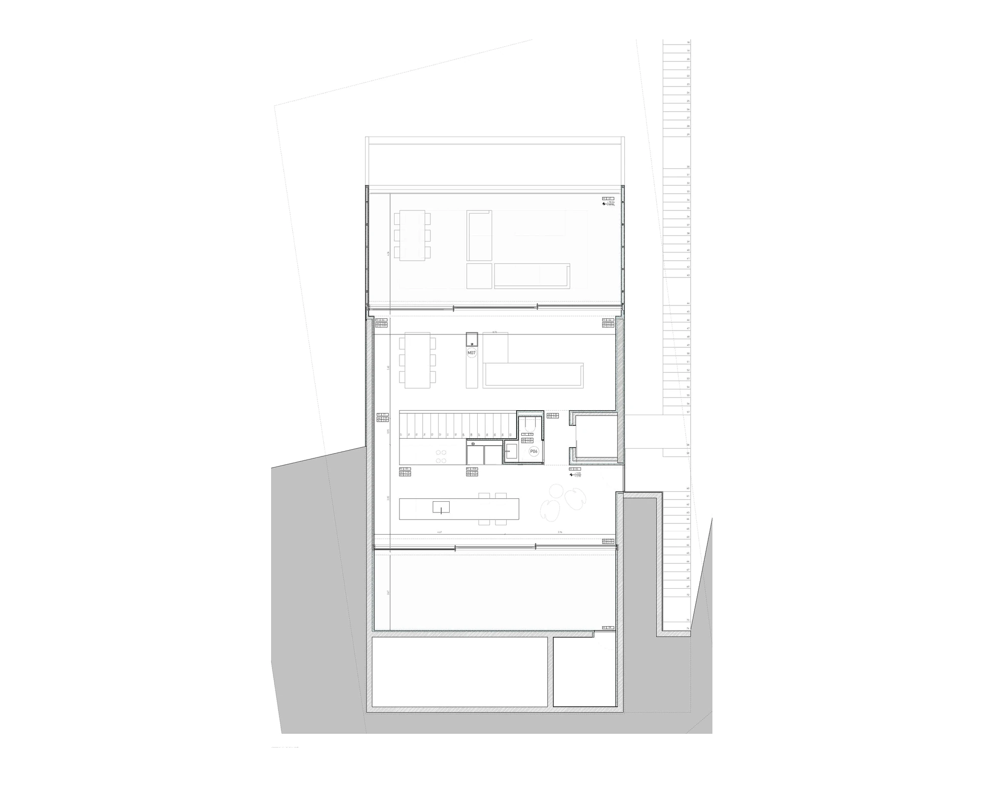 Plano de la planta residencial superior con salón, comedor y terrazas de Formentera 48